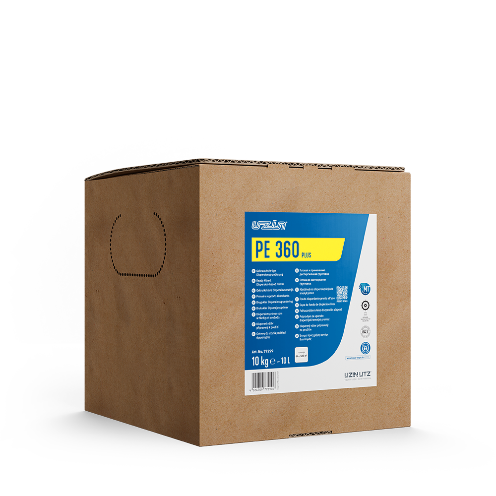 Une boîte en carton marron portant une étiquette bleue et jaune sur laquelle figure la mention « PE 360 PLUS » ainsi que les caractéristiques techniques, notamment « 10 kg = 10 L ». La boîte est dotée d'une poignée perforée sur le côté.