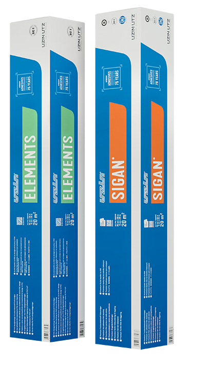 Acht hohe, rechteckige blaue Kisten mit verschiedenfarbigen Aufschriften (ELEMENTS in Grün, SIGAN in Orange) sind gruppiert und stehen aufrecht vor einem weißen Hintergrund.