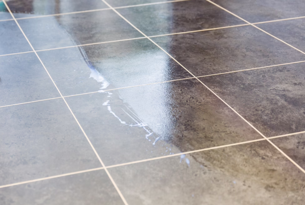 Gros plan d'un sol carrelé gris foncé mouillé avec des joints blancs ; un mince filet d'eau et un léger reflet de lumière traversent plusieurs carreaux.
