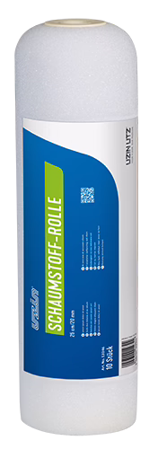 UZIN_Dummy_Foam-Roller_2018-10-01 Un rouleau cylindrique de mousse blanc, placé verticalement, avec une étiquette produit bleue et verte indiquant 'Schaumstoff-Rolle'. La mousse poreuse convient pour l'emballage, le rembourrage, l'isolation ou des projets de bricolage ; photographié sur fond blanc.
