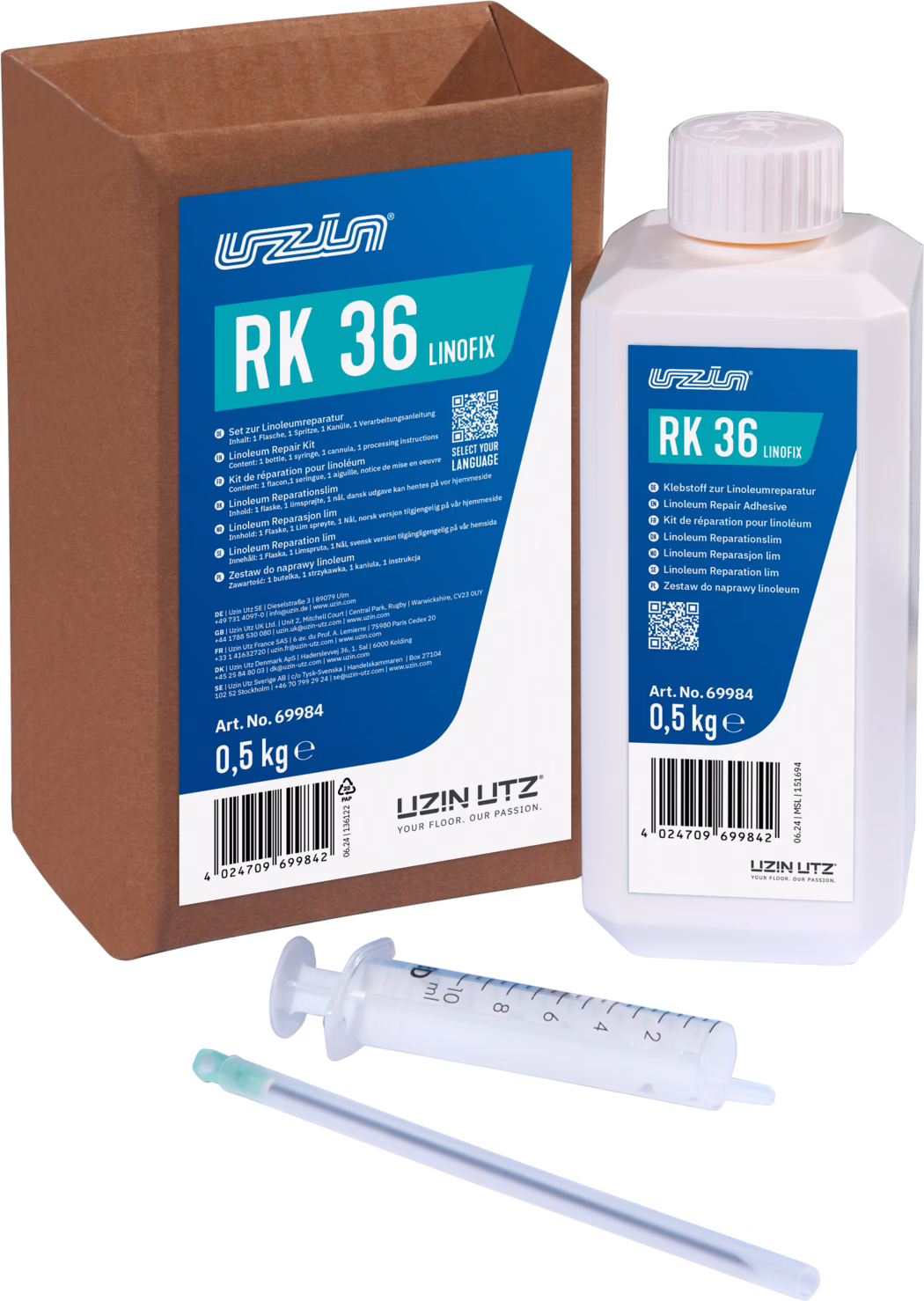 UZIN_Dummy_RK 36_2024-06 Kit de réparation pour linoléum : flacon en plastique blanc étiqueté 'RK 36 LINOFiX' de UZIN UTZ (0,5 kg) à côté d'une boîte en carton marron avec une étiquette bleue assortie, accompagné d'une seringue en plastique transparente et d'une petite aiguille ; photo en studio sur fond blanc mettant en évidence les étiquettes, le code-barres et les accessoires.